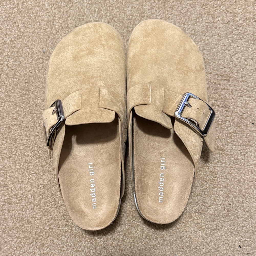 Madden Girl Beige Suede Buckle Clogs
